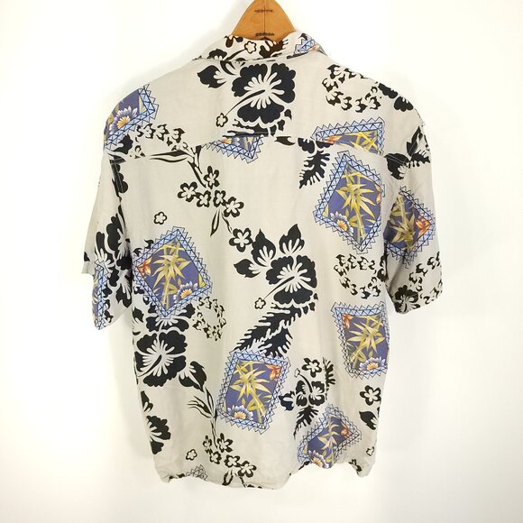 Vtg Wingo Hawaiian Button Front Shirt Men's Med Beige Black Floral Geometric - Picture 5 of 7